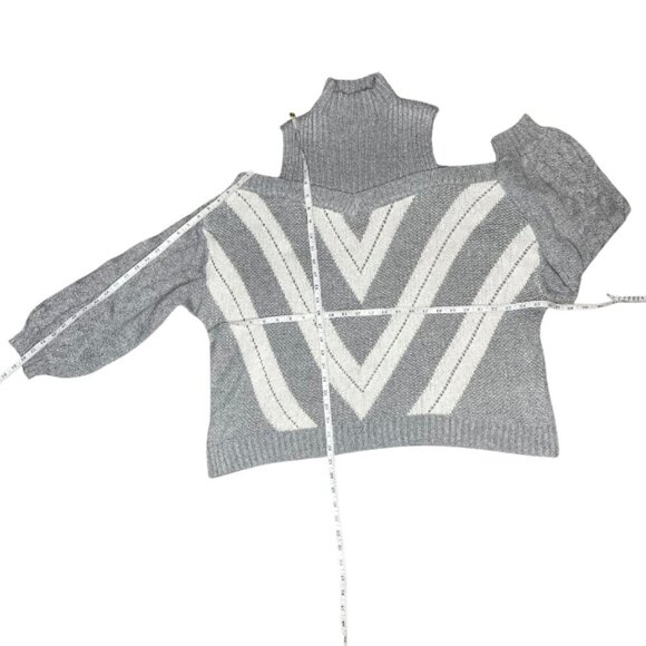 Women's Geometric Cold Shoulder Fisherman Knit Mock Neck Bell Sleeve Sweater 2X - Picture 5 of 5
